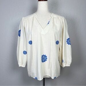 Chic Cream Blouse with Blue Floral Design